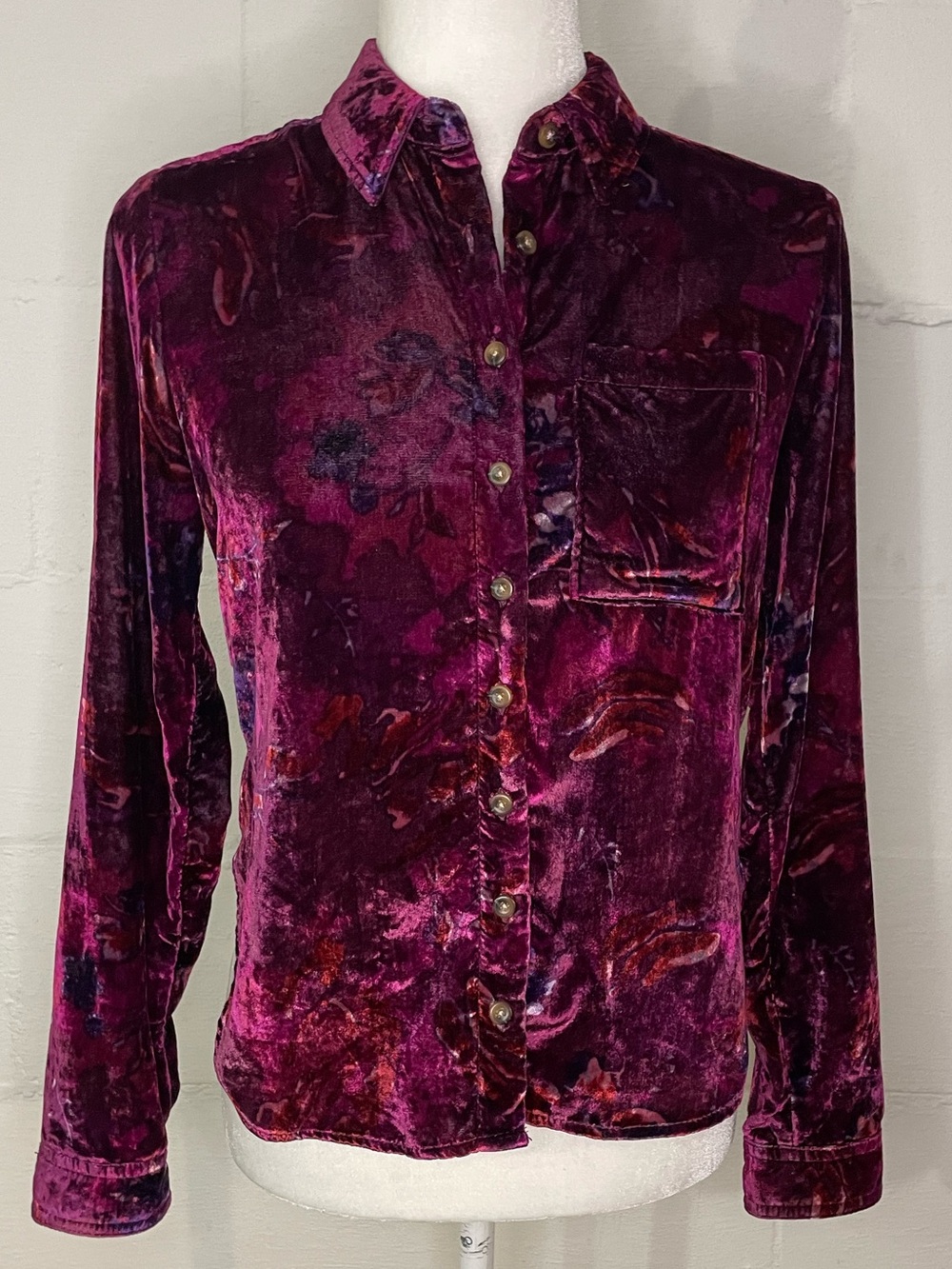 Pilcro Velvet Button-Down Shirt in Plum